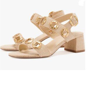 YDN Beige/Gold Open Toe Sandals Chunky Dressy Low Heels Backstrap with Buckle